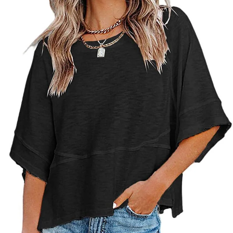 Solid Color Round Neck Quarter Bell Sleeve Loose T-Shirts Wholesale Womens Clothing N3824040700337