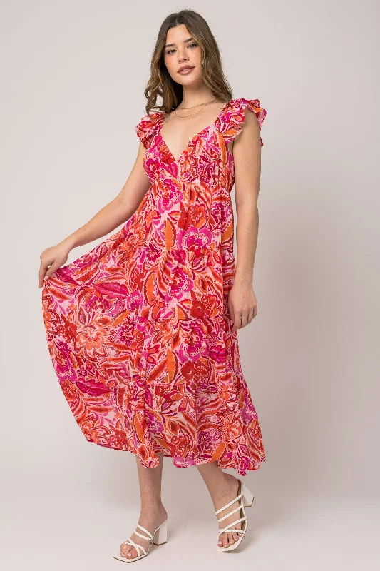 Fuchsia Floral Flutter Sleeve Dress