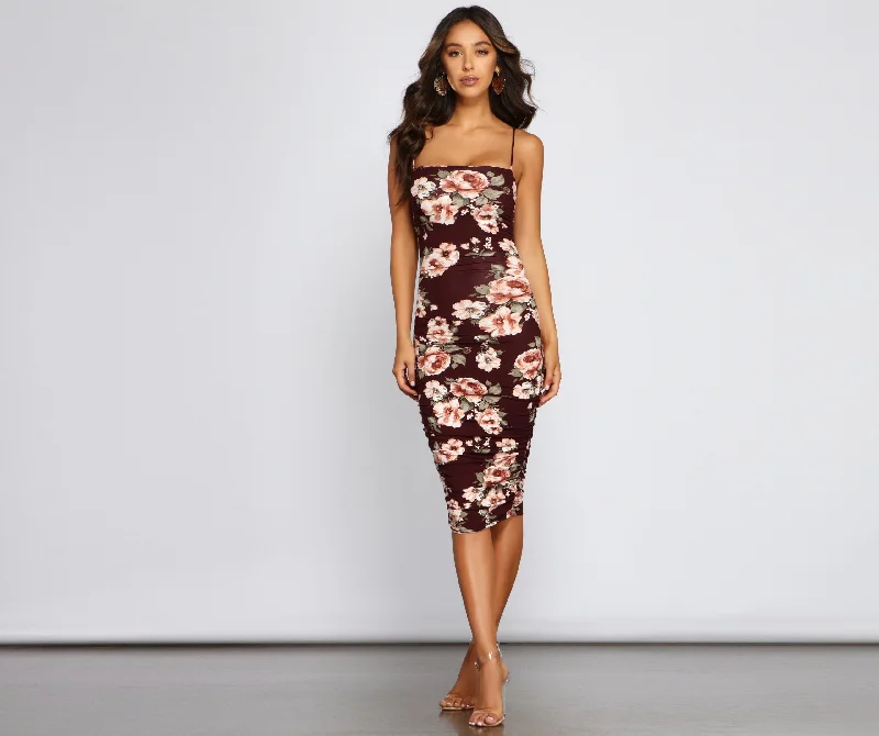 Floral Lover Stylish Ruched Midi Dress