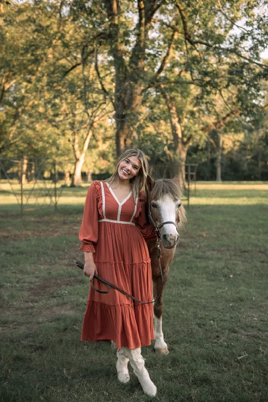 Rust Lace Detail Tiered Maxi Dress