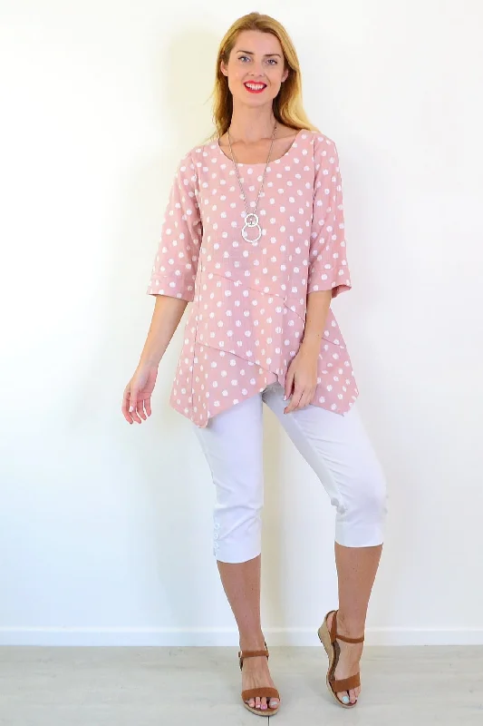 Pink White Spots Linen Blend Tunic Top