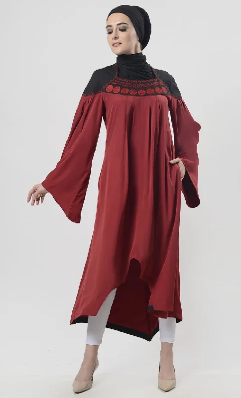 Pretty Red Asymmetric Hem With Aari Work Detailing Tunic