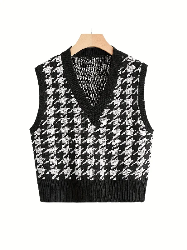 Sixsr Houndstooth Print Knit Vest, Casual V Neck Sleeveless Vest, Women's Clothing