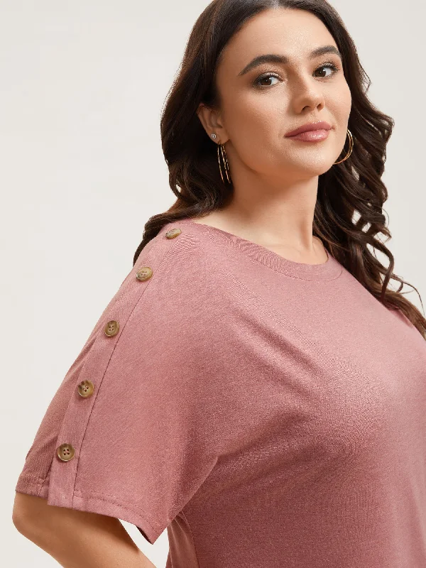 Decorative Buttons Half-Sleeve Plain T-Shirt