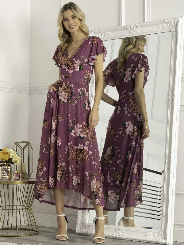 Jolie Moi Eliza Dip Hem Mesh Maxi Dress, Purple Floral