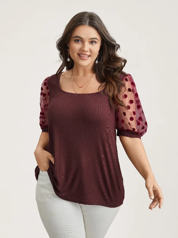 Polka Dot Sheer Sleeve Square Neck T-Shirt