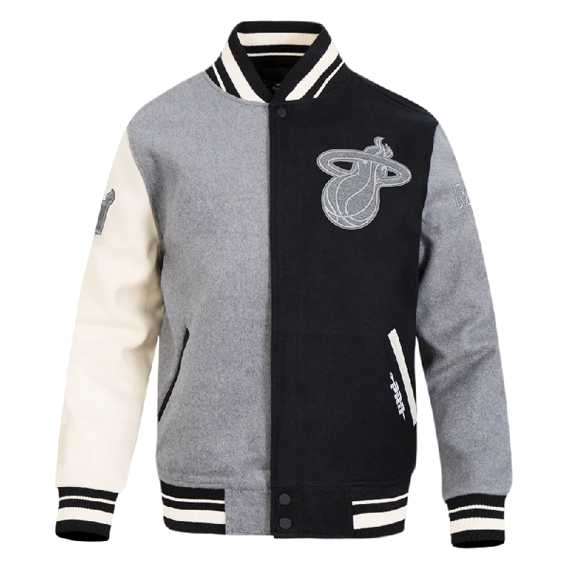 NBA MIAMII HEAT REVERSE FRENCH TERRY MEN'S COLOR BLOCK WOOL VARSITY JACKET (BLACK/GRAY/EGGSHELL)