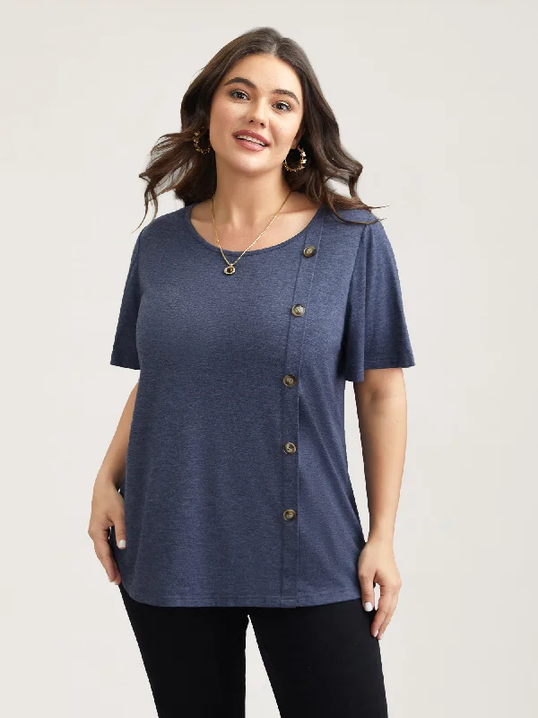 Side Buttons Round Neck Fitted T-Shirt