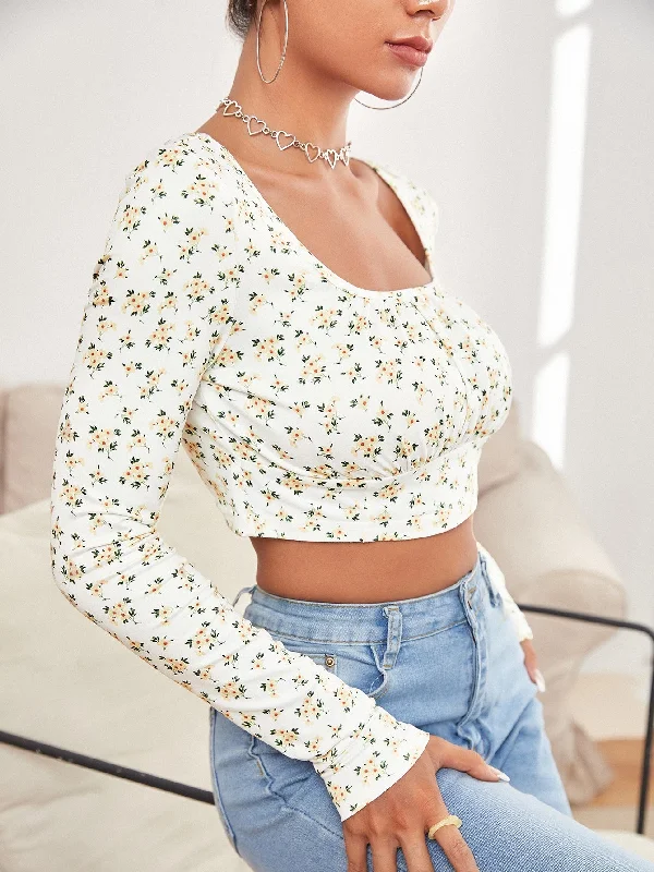 Casual Ditsy Floral Ruched Bust Long Sleeve Scoop Neck Crop Women T-Shirt