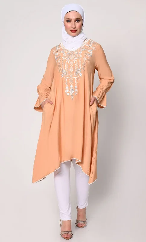 Embroidered Sand Tunic with Asymmetrical Hem