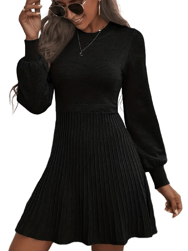 Sixsr Solid Pleated Dress, Elegant Crew Neck Long Sleeve Dress For Spring & Fall, Women's Clothing