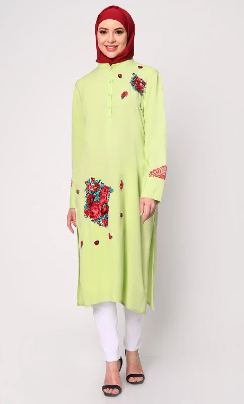 Floral Printed Patchwork Pista Green Tunic with Pockets