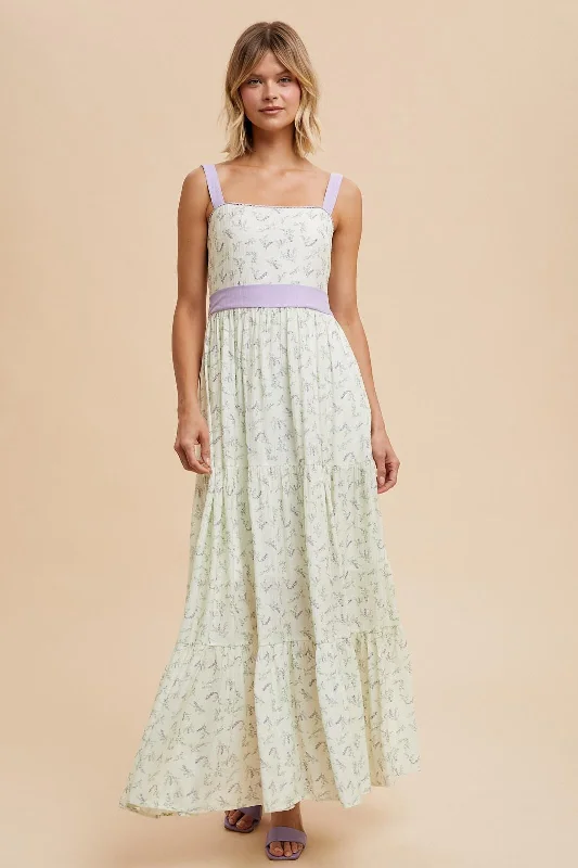 Lavender Floral Contrast Sash Tie Maxi Dress