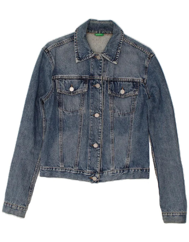 BENETTON Womens Crop Denim Jacket UK 12 Medium Blue