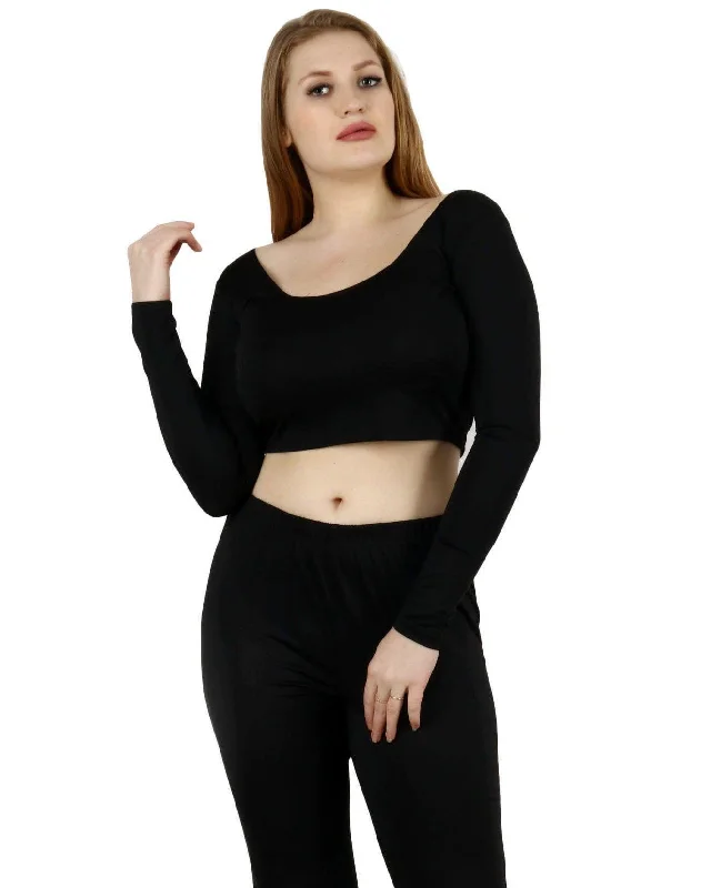 Black Solid Crop Top with Long Sleeves