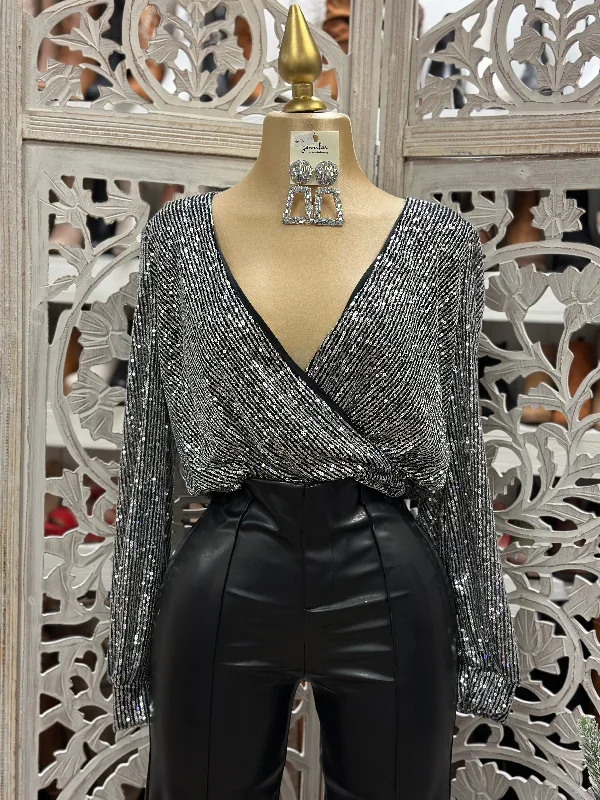 Silver and Black Wrapped Sequin Blouse