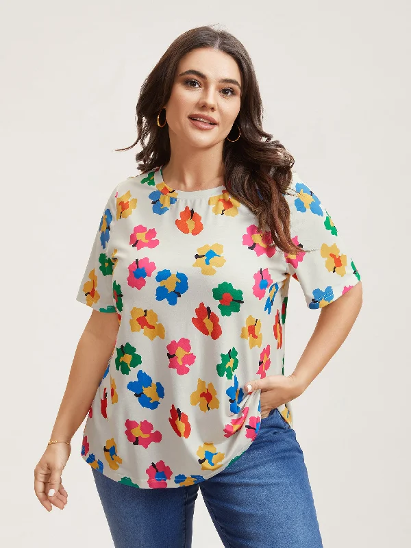 Multi-Color Floral Print Fitted T-Shirt