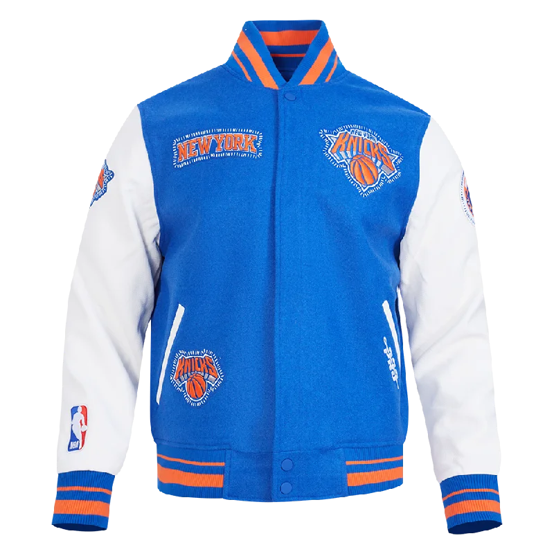 NBA NEW YORK KNICKS DIY PICK STITCH MEN'S RIB WOOL VARSITY JACKET (ROYAL/ORANGE/ROYAL)