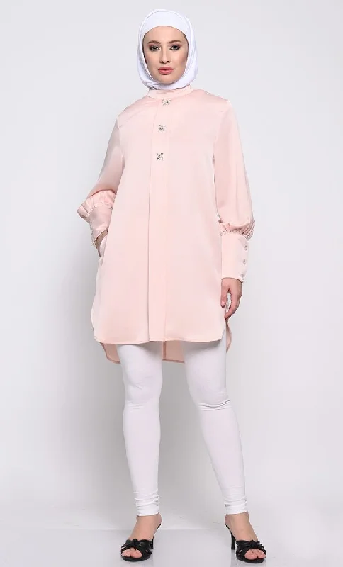 Elegant Korean Crepe Tunic with Crystal Button Embellishments