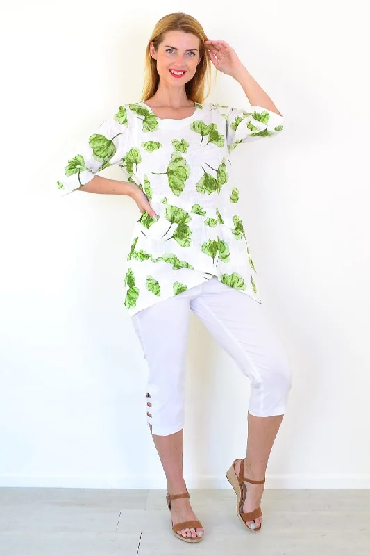 Green Flower Linen Blend Tunic Top