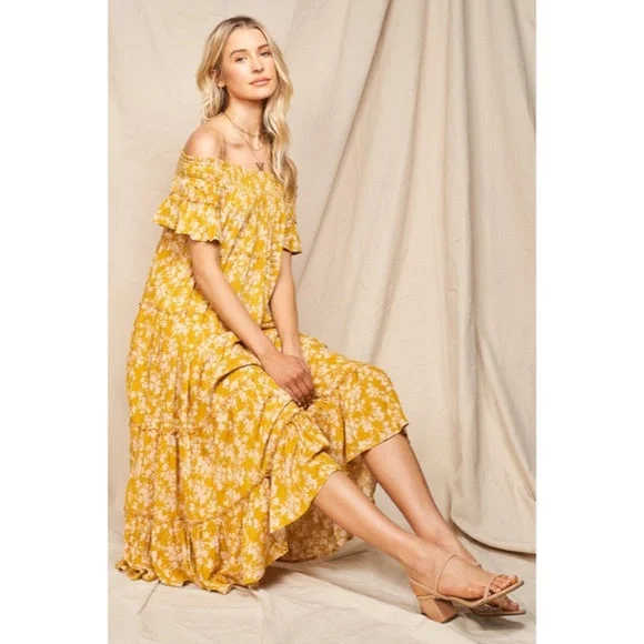 Moss Yellow Floral Flowly Bohemian Tiered Off The Shoulder Casual Midi Dress