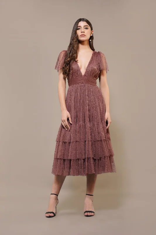 Madison Rose Brown Tulle Bridesmaid Midi Dress