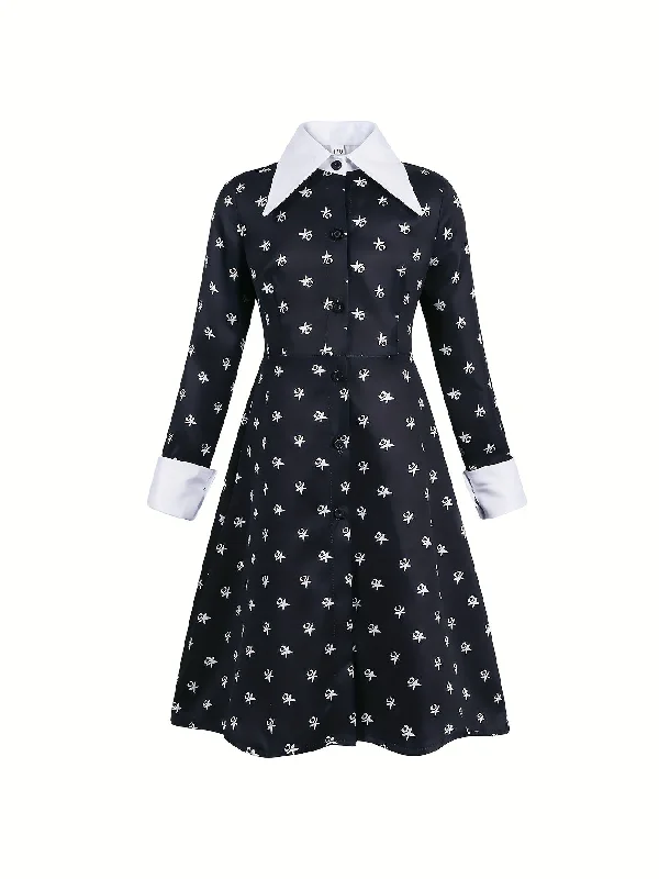 Sixsr Full Printed Button Front Dress, Elegant Long Sleeve Comfy Dress, Women's Clothing