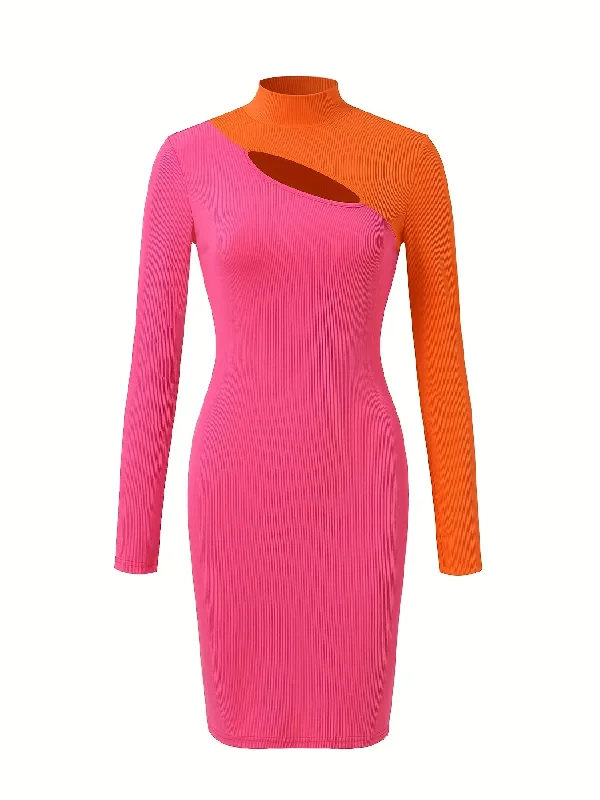 Sixsr Cut Out Color Block Dress, Casual Stand Collar Long Sleeve Bodycon Dress, Women's Clothing