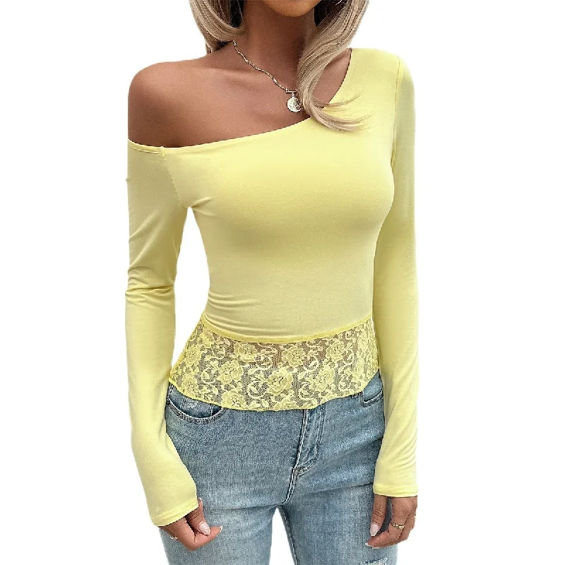 Off Shoulder Slim Fit Long Sleeve T-shirt with Lace Hem (4 colors)