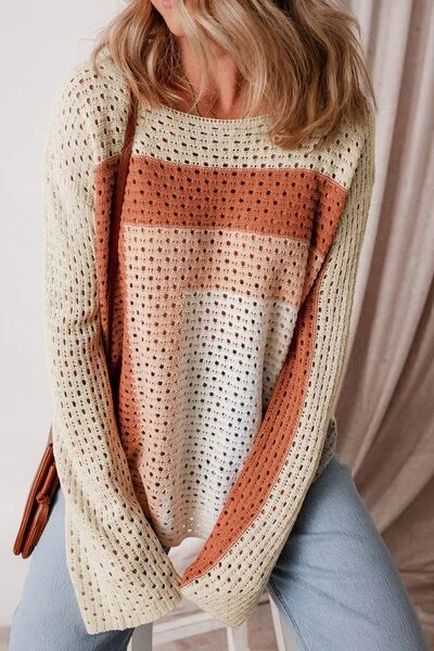 Openwork Color Block Long Sleeve Sweater