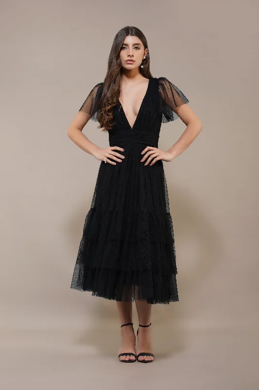 Madison Black Tulle Bridesmaid Midi Dress