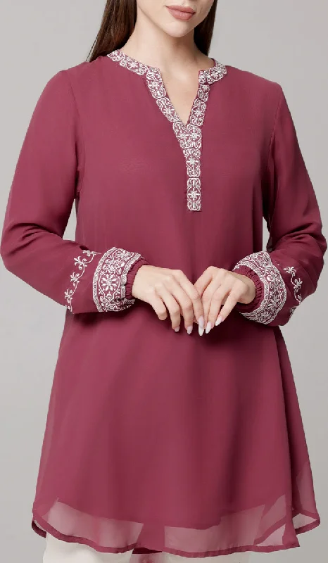 Amalie Embroidered Long Modest Tunic - Orchid