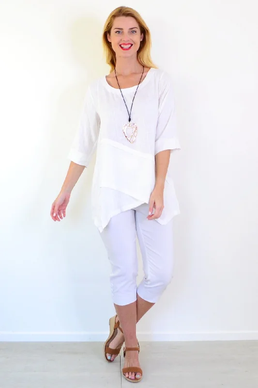 White Layered Linen Blend Tunic Top