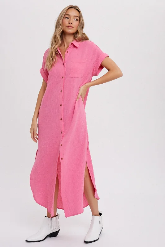 Fuchsia Button Down Midi Dress