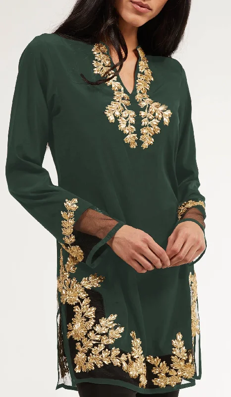 Mahnaz Gold Embellished Long Modest Tunic - Emerald