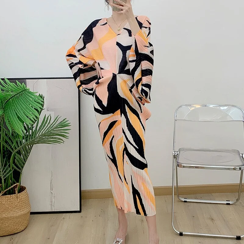 Miyake Pleated Printed Batwing Sleeve Midi Dress