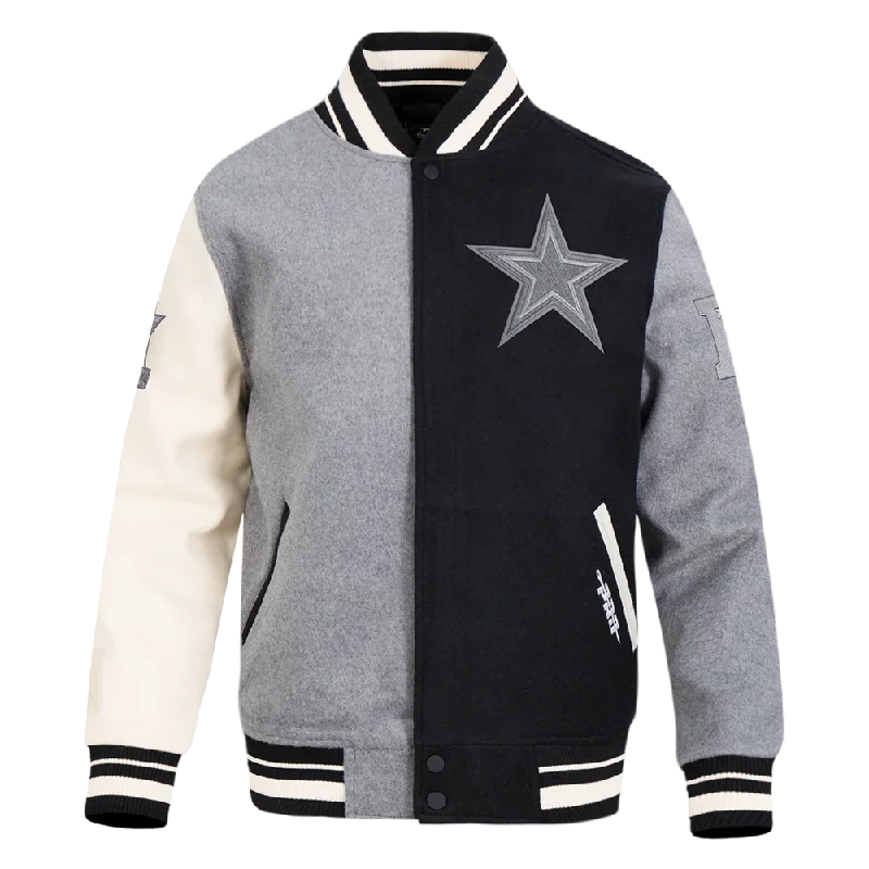 NFL DALLAS COWBOYS REVERSE FRENCH TERRY MEN'S COLOR BLOCK WOOL VARSITY JACKET (BLACK/GRAY/EGGSHELL)