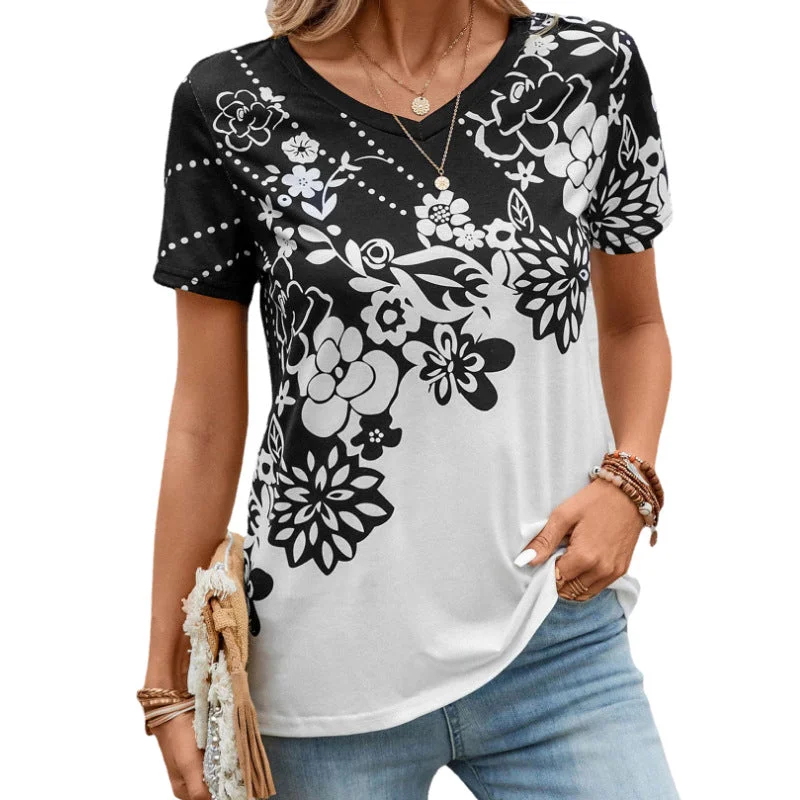 Floral Print Casual V-Neck Short Sleeve T-Shirt Wholesale Womens Clothing N3824022600054