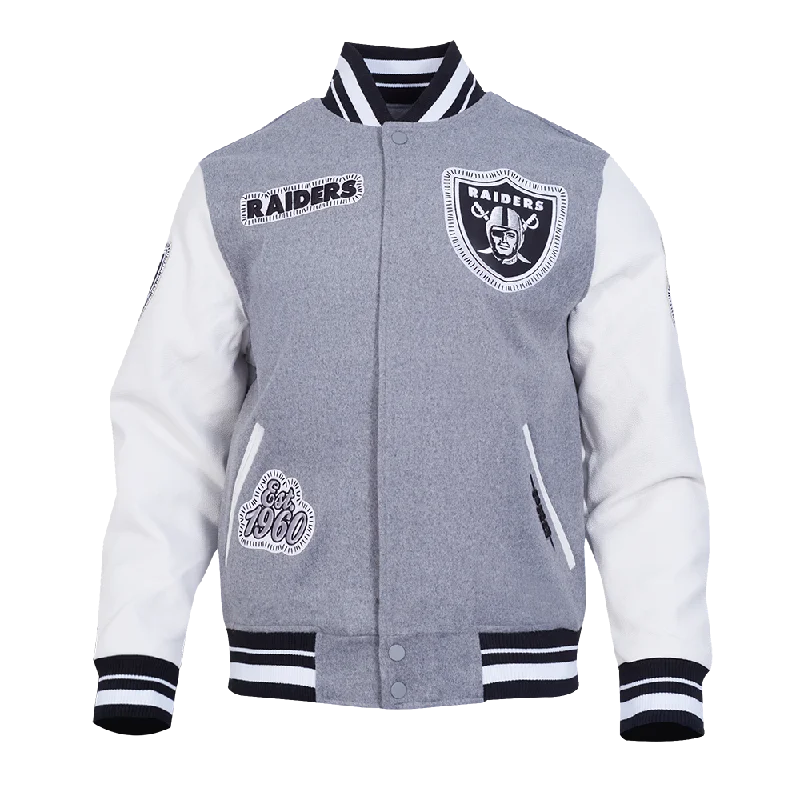 NFL LAS VEGAS RAIDERS DIY PICK STITCH MEN'S RIB WOOL VARSITY JACKET (HEATHER GREY/WHITE/BLACK)