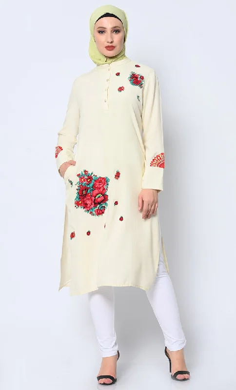 Floral Printed Patchwork Cream Tunic with Pockets