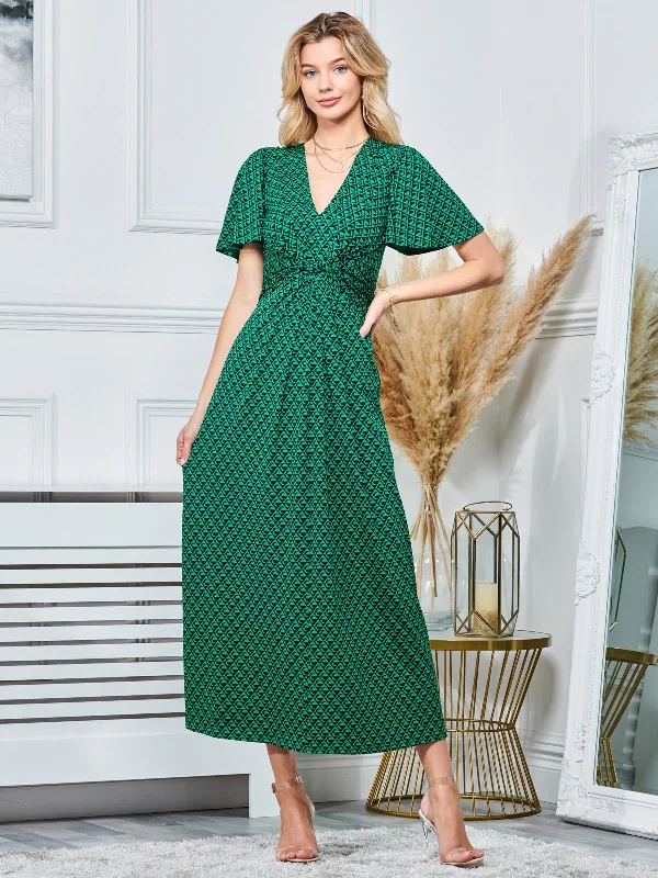 Plunge Neck Twist Front Maxi Dress, Green Geometric