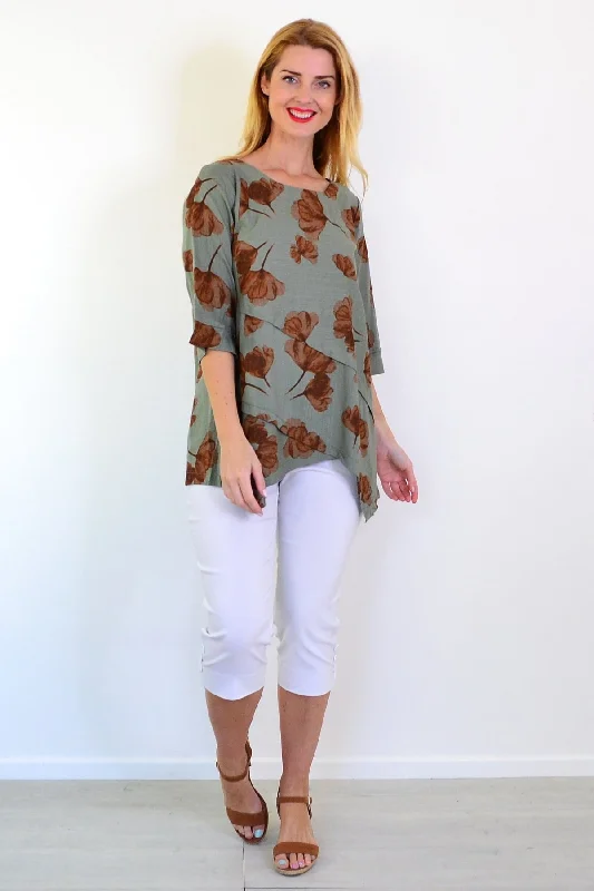 Khaki Brown Flower Linen Blend Tunic Top