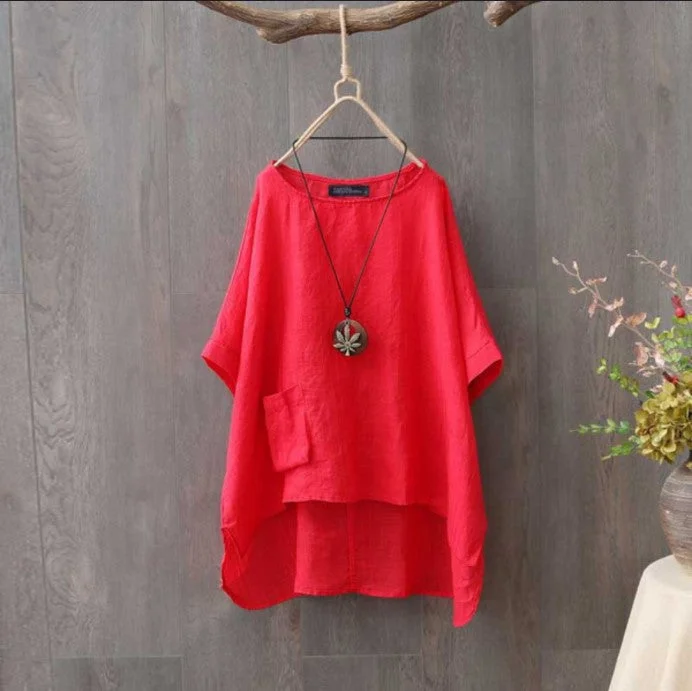 Plus Size Pocket Solid Color Asymmetric Cotton T-Shirts