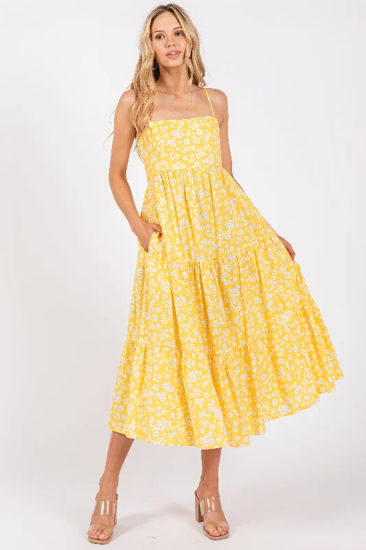 Yellow Floral Cutout Tie Back Midi Dress