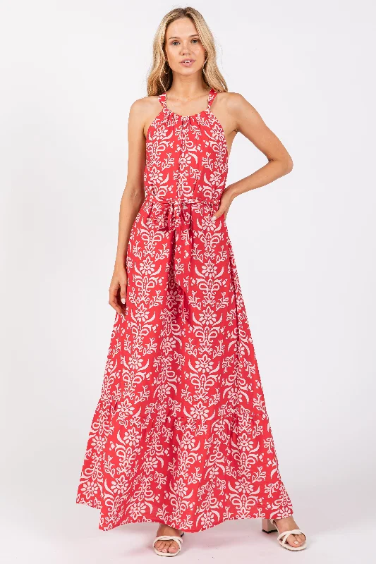 Red Paisley Halter Cross Back Maxi Dress