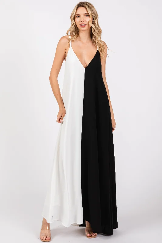 White Color Blocked V-Neck Maxi Dress