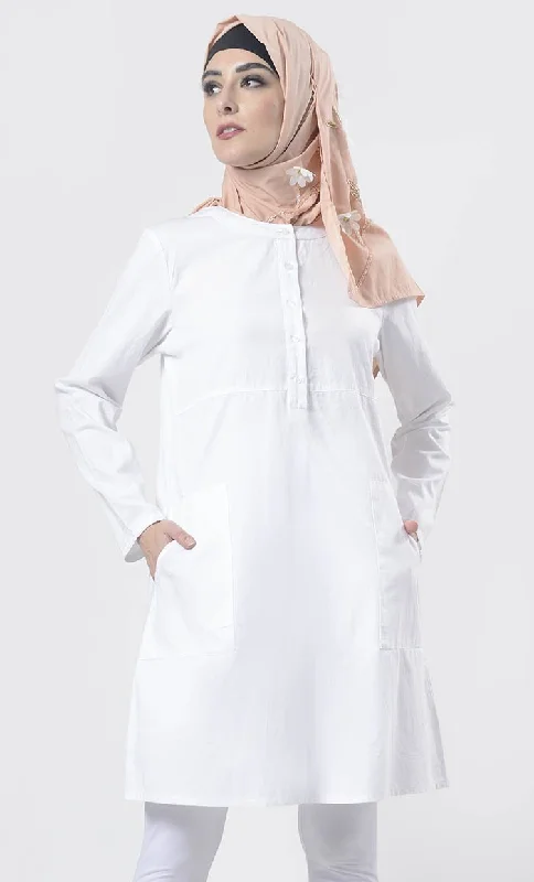 White Sober Everyday wear Front Open Button Long Tunic