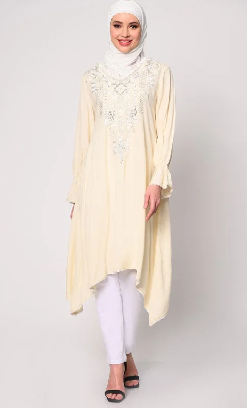 Embroidered Cream Tunic with Asymmetrical Hem