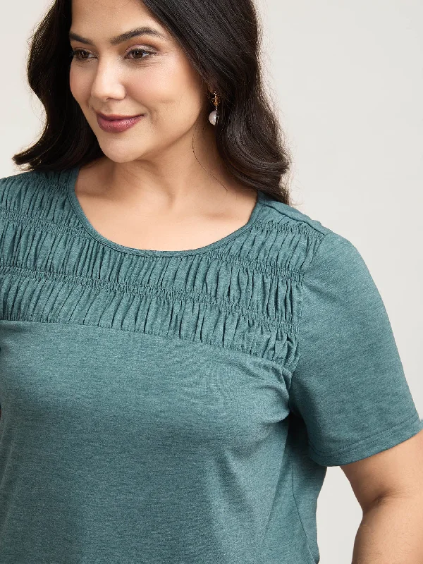 Shirred Detail Round Neck T-Shirt