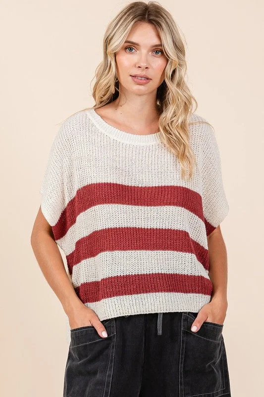 Mittoshop Contrast Striped Round Neck Short Sleeve Sweater